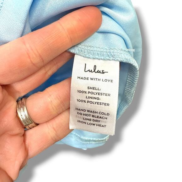 Lulus NWOT Delightful Beauty Blue Mesh Strapless Ruched Ruffled Maxi Dress - Picture 10 of 10